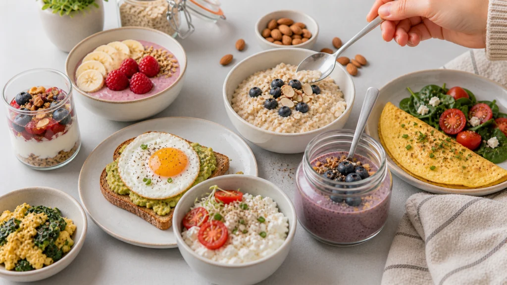 Chia Pudding über Nacht im Glas mit Mangoscheiben, Kokosflocken und Beeren als schnelles Prep-Frühstück