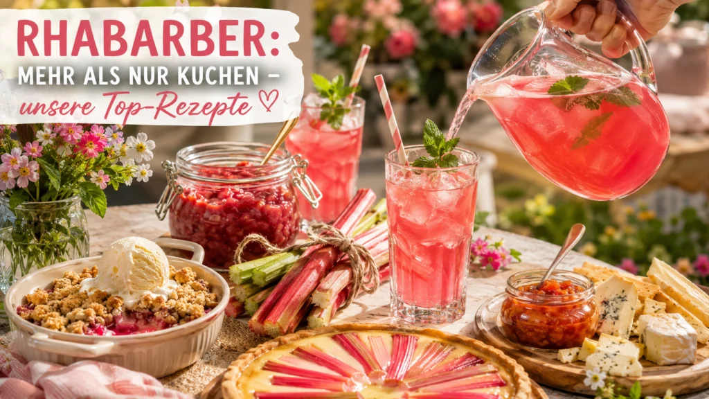 Rhabarber-Rezepte: Kuchen, Kompott und mehr – frische Stangen und fertige Gerichte im Bild.
