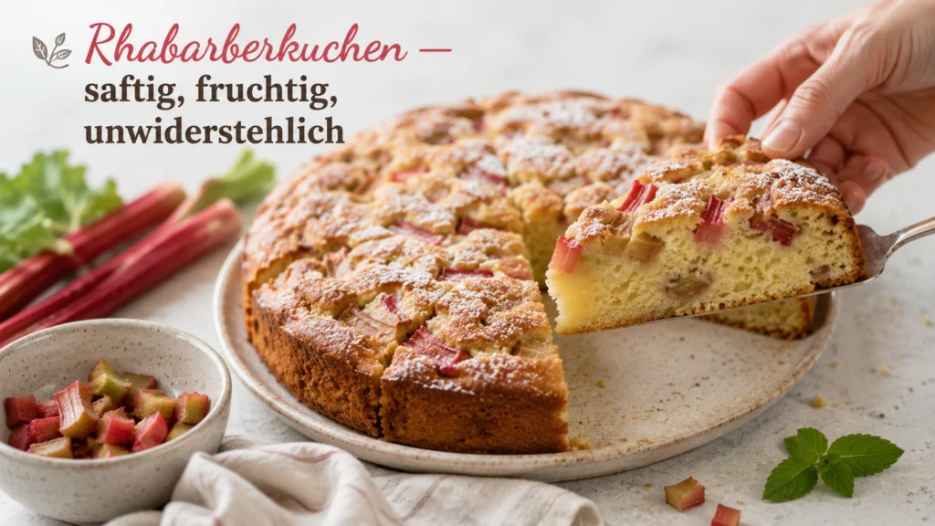 Saftiger Rhabarberkuchen mit frischer Rhabarber-Füllung, von oben fotografiert auf hellem Holzuntergrund.