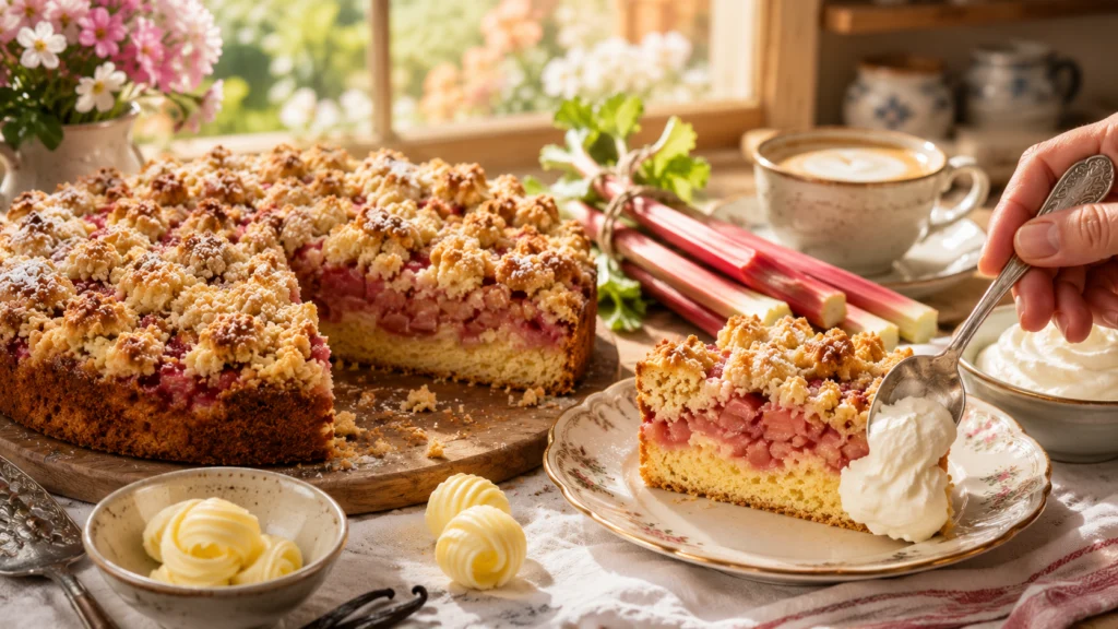 Rhabarberkuchen mit Butterstreuseln: saftiger Boden, knuspriges Streusel-Topping im Anschnitt.