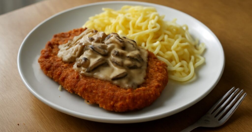 Knuspriges Schweineschnitzel mit cremiger Pilz-Sahnesauce auf weißem Teller